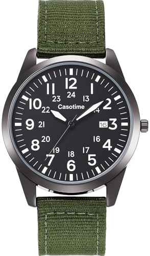 Casotime Taktische Militäruhr für Herren – Feldgetestetes analoges Quarz mit leuchtendem Zifferblatt, 30 m wasserabweisendes Nylonband und Sekundenzeiger, Unisex, Armee-Sport-Armbanduhr, grün-schwarz