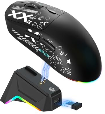 Fockety Kabellose Gaming Maus mit RGB Ladestation, 3 Modus RGB Licht Bluetooth Maus, Programmierbare Makromaus, Kabellose Maus für PC und Laptop (Black)