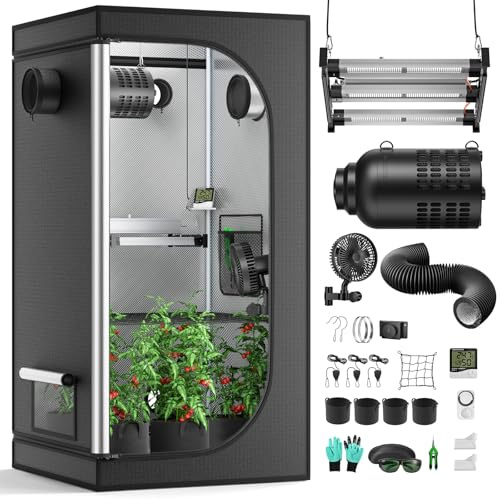 Growzelt Komplettset mit integriertem Controller, 150W Vollspektrum LED Wachstumslampe, 80X80X160cm, mit 7 Automatischer Belüftungssat mit Kohlefilter, Hydroponics Grow Zelt mit Thermometer