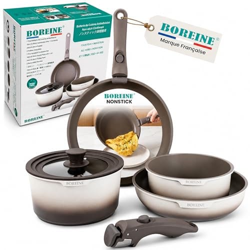 BOREINE Batterie de Cuisine 7 Pcs - Lot Poele et Casserole Induction, Saine | Pignée Amovible Facile à Ranger | Tous Feux + Induction | Revêtement antiadhésif sans PFOA | Facile à nettoyer