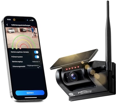 CARMATRIX Magnet Rückfahrkamera mit Funk WLAN Solar – Kabellose Einparkhilfe mit KI-Personenerkennung, App-Übertragung aufs Smartphone, Nachtsicht, IP67, für PKW, LKW & Anhänger