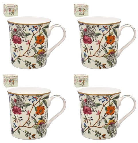 Tamersgifts William Kilburn Floral Fine China Mugs, Set of 4, Gift Boxed | Set of 4 fine china mugs with colourful William Kilburn floral artwork, gold-effect rims and presentation gift packaging.