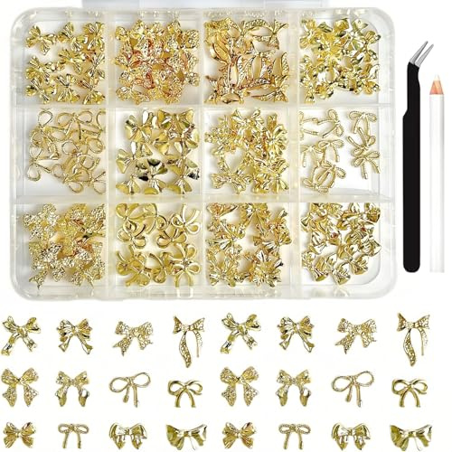 VelvetGlow 120Pcs Gold Bow Nail Charms, 3D Metal Alloy Bowknot Nail Art Golden Bows Charms for Nails Decor Accessories DIY Craft