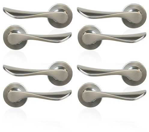 MSC 4 Set Rose Round Brushed Chrome Door Handles – Pair of Brushed Steel Internal Door Handles on Round Rose, Modern Satin Finish, 125mm Lever, 54mm, Includes Fittings