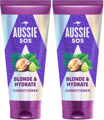 Aussie SOS Blonde & Hydrate Acondicionador 200ml Para Pelo Decolorado, Con Mechas Y Canas. Desenreda Y Suaviza Mientras Proporciona Hidratación Al Cabello Rubio Y Canoso Propenso A La Sequedad