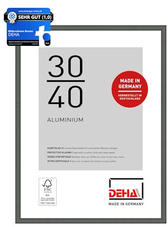 DEHA Design Bilderrahmen, 30 x 40 cm, Aluminium, Grau matt, Fotorahmen zum Aufhängen im Hoch- & Querformat, bruchsicheres Kunstglas, Boston