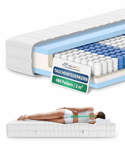 AM Qualitätsmatratzen 7 Zonen Taschenfederkernmatratze 120x210cm H2 - Made in Germany - Ergonomische Federkernmatratze 120x210 mit waschbarem Bezug - Oeko TEX zertifizierte Matratze 120x210 20cm hoch