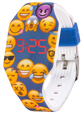 Kiddus Digital LED Montre pour Filles, garçons, Ados. Batterie Japonaise de Longue durée remplaçable. Montre-Bracelet en Silicone. Facile à Lire et à Apprendre l’Heure. KI102018 Emoji Bleu
