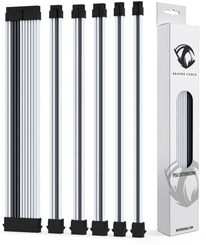 Reaper Cable Sleeved PSU Extension Set - Power Supply Extensions - 24/8/6/4+4 Pins - With Combs - 30cm (White & Carbon)