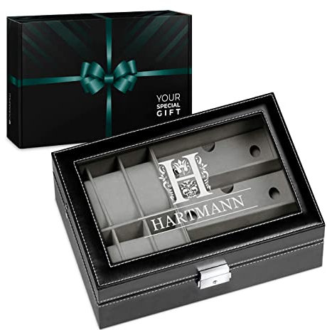 Maverton Uhrenbox mit Gravur für 6 Uhren & 3 Brillen - 33x20x8cm - Weihnachtsgeschenke - Uhrenkasten aus Kunstleder - Schwarz - Geschenk für Männer - Monogramm