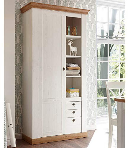 Lomadox Landhausschrank in Pinie weiß, Wotan Eiche Nb., mit Regal-Fächern, B/H/T ca.: 102/204/44 cm