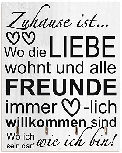 ARTLAND Schlüsselbrett Schlüssel Schmuck Organizer Hakenleiste Deko Wandhalterung Holz mit 4 Haken 20x25 cm Spruch Familie Grau T9IR