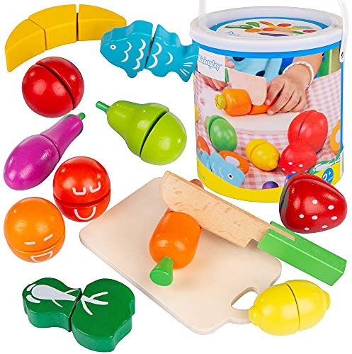 Kinderplay Lebensmittel Holz Obst, Gemüse, Früchte zum Schneiden - Kinder Spielzeug, Magnetspielzeug, Schneideobst, 14-teiliges Lebensmittel Spielset, KP1684