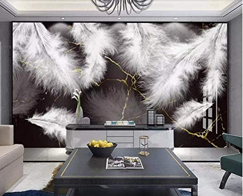 XiuTaiLtd Papier Peint Photo 3D Effet Papier Peint Marbre D'Or Blanc Avec Plumes Noires Papier Peint Mural Décoration Murale Murale-200x100 CM