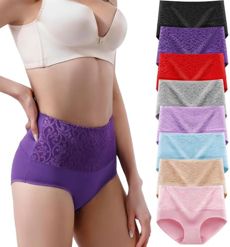 YOULEHE Unterhosen Damen Baumwolle Hohe Taille Weich Atmungsaktiv Unterwäsche (8er Pack-Mehrfarbig 01, XL)
