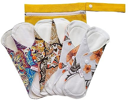 Lilind® 6 Stück 22,9 cm Bio-Tuch-Pads, Starter-Set, gratis Reißverschlussbeutel, wiederverwendbar, wasserdicht, Menstruationsbinden, 100% Baumwolle, grüne Blumen