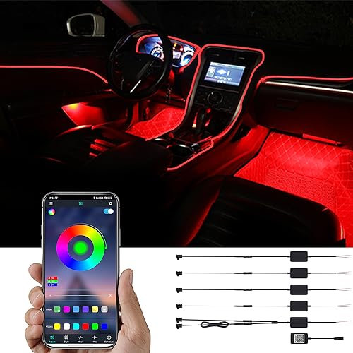 TABEN Kit d'éclairage ambiant de Voiture, 8 mètres de Son de Rythme de synchronisation de Musique Multicolore intégré à Fibre Optique, contrôle d'application Bluetooth, DC 12V-24V