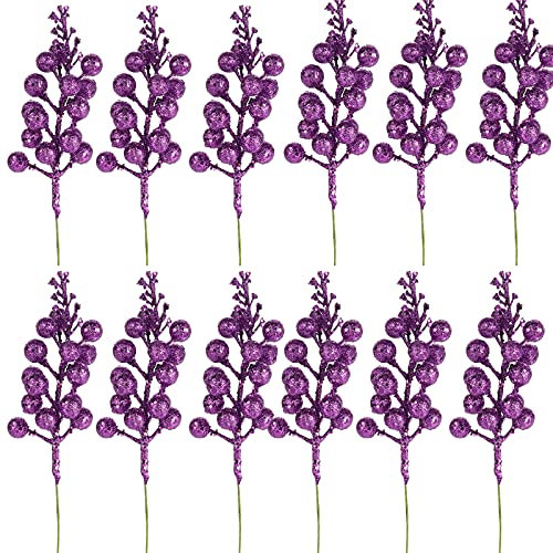 JFBUCF 12 Stück weihnachtliche Glitzer-Beeren-Stiel, 19,8 cm, künstliche lila Beeren-Picks, künstliche Stechpalmenbeeren-Stiele für Weihnachtsbaumschmuck, Kranz, Basteln, Heimdekoration