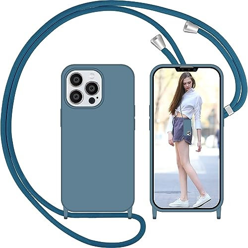 Nupcknn Liquid Silikon Handykette Hülle für iPhone 13 Pro Hülle Necklace(abnehmbar) Hülle mit Kordel zum Umhängen Handy Schutzhülle mit Band(Ziegelblau, 6.1)