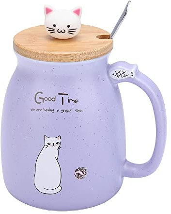 HwaGui Tazza da Gatto Tazza da Latte in ceramica Set di Tazze da Tè con Cucchiaio e Coperchio Regalo per gli Amanti dei Gatti 420 ml (Viola)