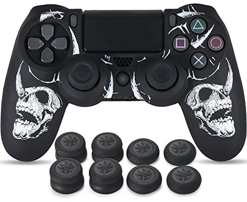 YoRHa Laser Carving Silicone Skin for PS4 Controller x 1(White) with Pro Thumb Grips x 8