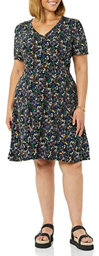 Amazon Essentials Abito Aderente Svasato con Scollo A v A Maniche Corte Donna, Nero Motivo Floreale Piccolo, M