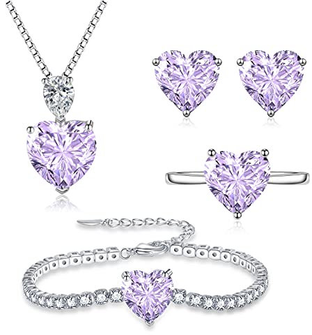 Loutade Silber Schmuckset für Damen, 4PCS 925 Sterling Silber Herz Schmuckset, Liebe Anhänger mit 45cm Silberkette & Silber Ohrstecker & Armband & Ringe Set mit Lila Liebe Zirkonia für Frauen Tochter