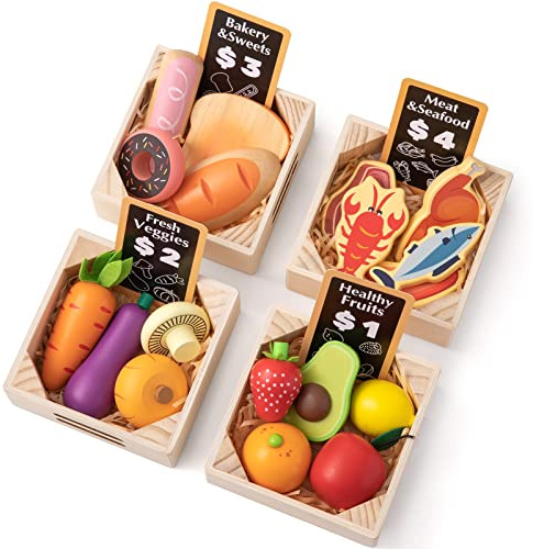 Tiny Land 43 Pieces Wooden Play Food Sets for Kids Kitchen