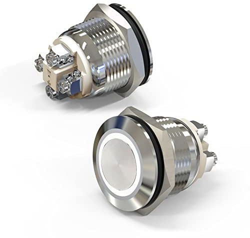FILN Moment Drucktaster 19mm IP67 Edelstahl wasserdicht 16A 12-24V AC/DC Schraubklemmen mit Weiß LED Industrietauglicher Taster für Elektrogeräte & Maschinensteuerung