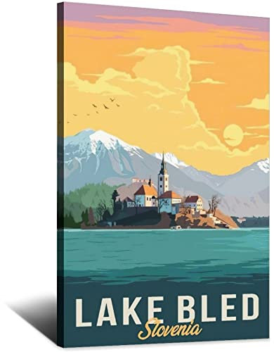 YONGCAI Lake Bled Slowenien Sonnenuntergang Vintage Reise Poster Leinwand Wand Home Room Decor Kunst Poster Malerei Bild Druck Geschenk Poster
