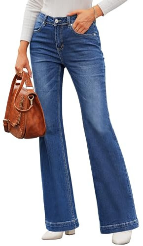 Roskiky Pantalon évasé pour femme, coupe large, baggy, taille haute, stretch, pour femme, bleu foncé, L