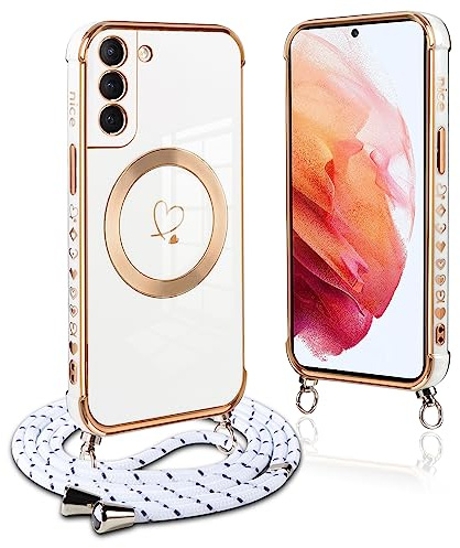 Pnakqil Coque Magnétique pour Samsung Galaxy S21 5G Con Cordon, Compatible avec MagSafe, Silicone Housse avec Motif Coeur d'amour Réglable Collier Lanyard, pour Samsung S21 5G 6.2, Blanc