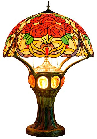 PAZWAHF Rote Rose Muster TiffanyStyle Tischlampe Buntglas Große Schreibtischlampe 20X20X30 Zoll Schreibtisch Leselampe Aluminiumlegierung Basis Schlafzimmer Wohnzimmer Home Office