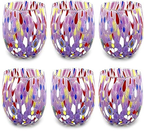 MAZZEGA ART & DESIGN - 6 vasos de agua de cristal soplados y hechos a mano con murrine Murano refinados y originales - Los colores de Murano - Modelo Colombina 435 ml. Made in Italy (Violeta, 6)