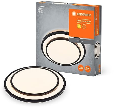 LEDVANCE ORBIS BERLIN LED-Deckenleuchte 300mm, schwarz, 16W, 2000lm, warmweiße Lichtfarbe, sehr homogene Lichtverteilung, lange Lebensdauer, fest verbautes LED-Modul, rund, IP20 Schutzklasse, 3000K