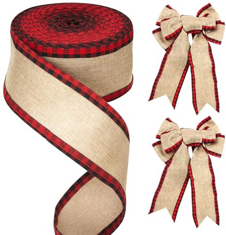 G2PLUS Weihnachten Juteband mit Draht, 6.4CM Breit Geschenkband zum Basteln, 10M Sackleinen Band mit Rote und Schwarz Kariertes, Weihnacht Dekoband Verdrahtet für Geschenk, Kranz, Weihnachtsbaum