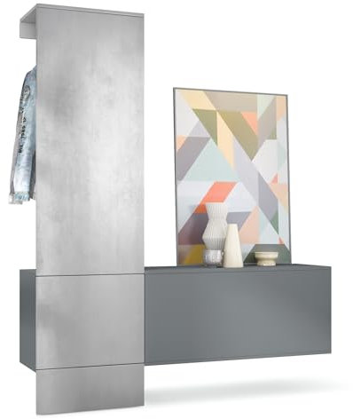 Vladon Garderobe Carlton Set 4, Made in Germany, Wandgarderobe aus Deko-Paneel & Hängeschrank für Schuhe, Anthrazit matt/Beton Oxid Optik (156,5 x 193 x 35 cm)