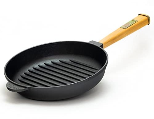 Grillpfanne Gusseisen Ø28 cm Steakpfanne Bratpfanne Holzgriff Induktion | Gusseisenpfanne Pfanne mit Grillstreifen Feuerpfanne Cast Iron Pan Grill Eisenpfanne Ofenpfanne