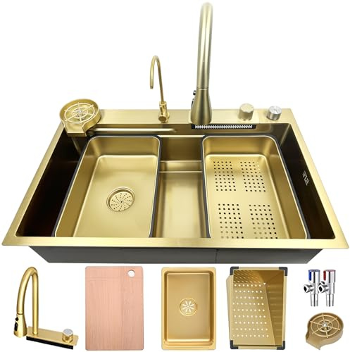 Fregadero de cocina de lavabo único dorado de 80 × 45 cm con cascada - Multifuncional - Encimera de bar - Fregadero de workstation nano-revestido - Con grifo descendente y juego completo de accesorios