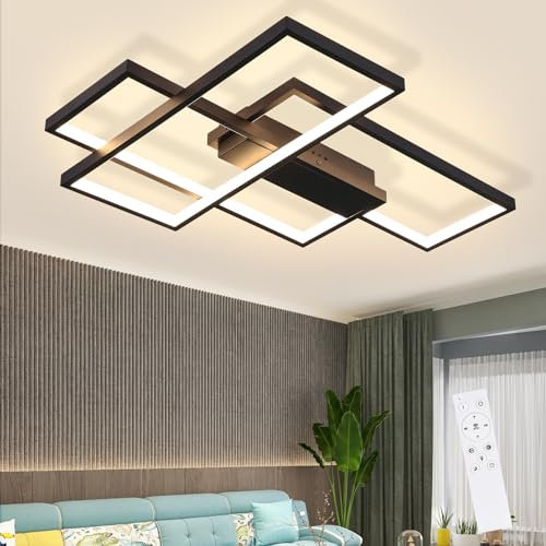GBLY Deckenlampe LED Dimmbar Deckenleuchte: 65CM Schwarz Wohnzimmerlampe 65W Modern Schlafzimmerlampe Geometrisch Küchenlampe Design Bürolampe mit Fernbedienung für Wohnzimmer Schlafzimmer Küche Büro