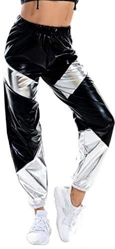 Damen Metallic Hose Glitzer Wetlook Cargohose Sporthose 80er 90er Jahre Kleidung Outfit Hologramm Hip Hop Leggings Jogginghose Sweathose Tanzhosen Party Disco Festival Rave Clubwear Schwarz Silber S