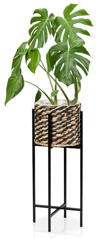 KHG Übertopf geflochten gestreift Wasserhyazinthe & Gestell Schwarz, Durchmesser 23 cm, Topfhöhe 22 cm, Blumentopf innen foliert, 4 Beine, Boho- & Ethno-Stile, Deko Zimmerpflanze