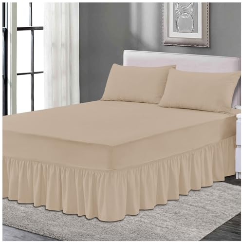 Plain Elastic Bed Valance Sheet, Ruffles Bed Skirt Sheets, Ultra Soft Bedskirts Valance Bedsheets, Natural