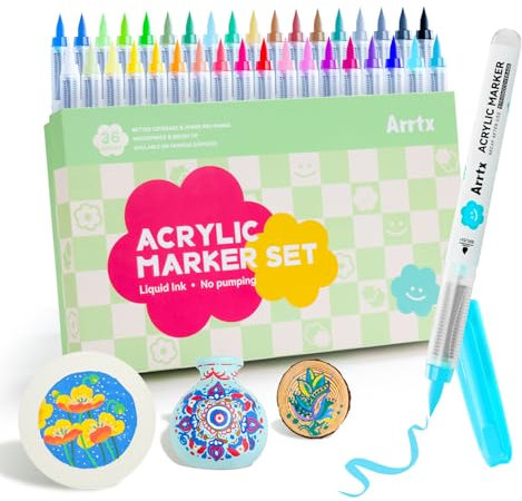 Arrtx Rotuladores de pintura acrílica de 36 colores para pintura de roca, punta de pincel, marcadores acrílicos, marcadores de pintura impermeable para piedra, vidrio, huevo, madera, manualidades
