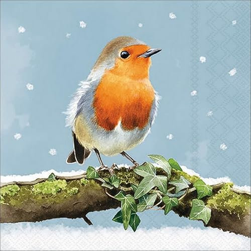 20 Servietten Winter Rotkehlchen auf Ast mit Blätter als Tischdeko. Papierservietten mit Motiv. Auch für Decoupage und Serviettentechnik 33x33cm