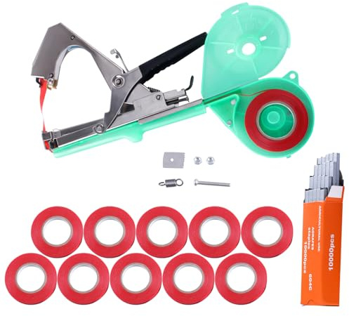 GIVIHGETI Bindezange für Pflanzen, Pflanzenbindemaschine Bandzange Tapetool Handbindemaschine für Weinberg Tomaten Obst Gemüse, Garten Bindemaschine, mit 1 Schachtel Heftklammern und 10 Bandrollen