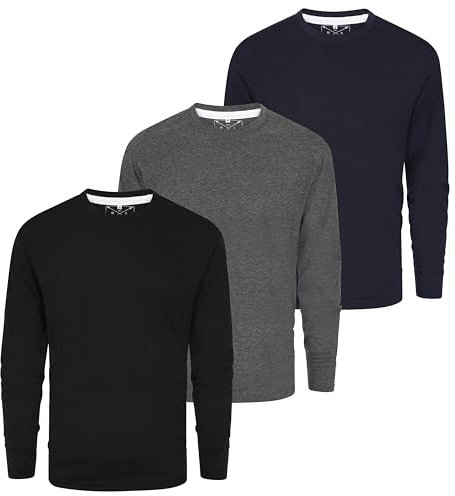 Mens Long Sleeve Crew Neck T-Shirt 3 Pack Multipack LS Tshirts for Men Workwear Casual Wear (UK, Alpha, S, Regular, Regular, Black/Charcoal/Navy)