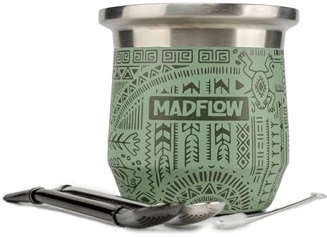 MADFLOW Yerba Mate Cup. Stainless Steel Mate Cup with 2 Bombillas. Double Wall Vacuum Insulated Yerba Mate Gourd. Unique Mate Cup And Bombilla Set