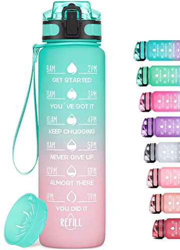 HydroPal Borraccia 1 Litro, Borraccia Bambina con Palestra Motivazionale, 1l Borraccia Personalizzata con Orari per Bere, senza BPA, Borracce a Prova Di Perdite per Palestra (Verde e rosa)