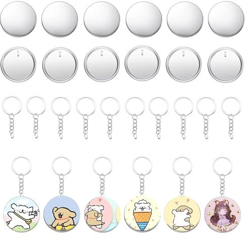 50 Stück 58mm Button Maker Schlüsselanhänger Zubehör Metallknopf Set mit Metallgehäuse, Rückabdeckung, transparenter Folie und Kettenkopf